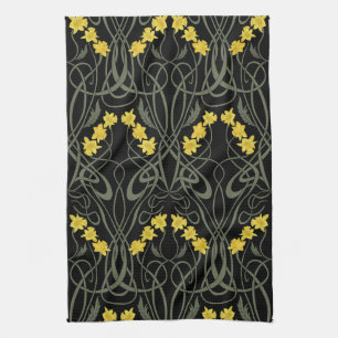 Art Nouveau Yellow Daffodils and Stems Black Tea Towel
