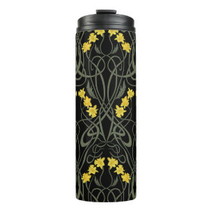Art Nouveau Yellow Daffodils and Stems Black Thermal Tumbler