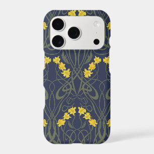 Art Nouveau Yellow Daffodils and Stems Blue