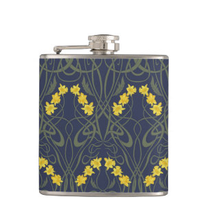Art Nouveau Yellow Daffodils and Stems Blue Hip Flask