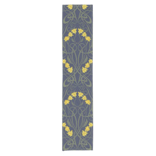 Art Nouveau Yellow Daffodils and Stems Blue Short Table Runner