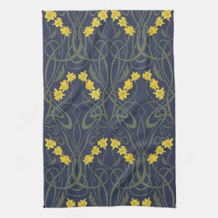 Art Nouveau Yellow Daffodils and Stems Blue Tea Towel