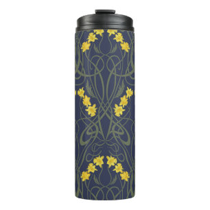 Art Nouveau Yellow Daffodils and Stems Blue Thermal Tumbler