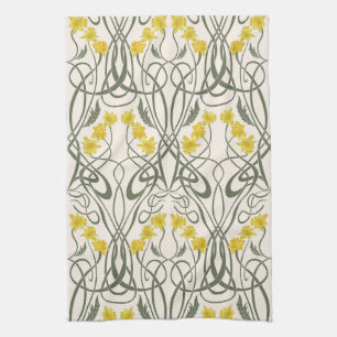 Art Nouveau Yellow Daffodils and Stems Cream Tea Towel