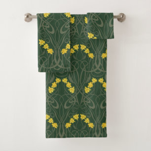 Art Nouveau Yellow Daffodils and Stems Green Bath Towel Set