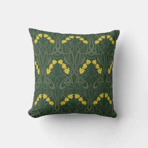 Art Nouveau Yellow Daffodils and Stems Green Cushion