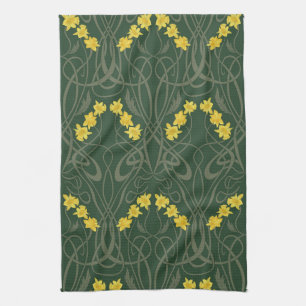 Art Nouveau Yellow Daffodils and Stems Green Tea Towel