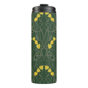 Art Nouveau Yellow Daffodils and Stems Green Thermal Tumbler