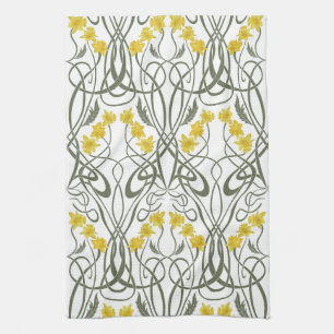 Art Nouveau Yellow Daffodils and Stems White Tea Towel