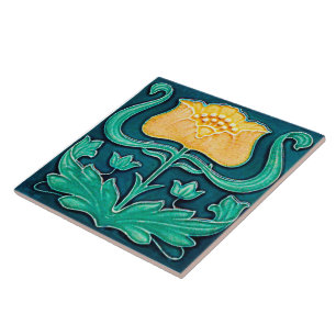 Art Nouveau Yellow Floral Design Ceramic Tile. Tile