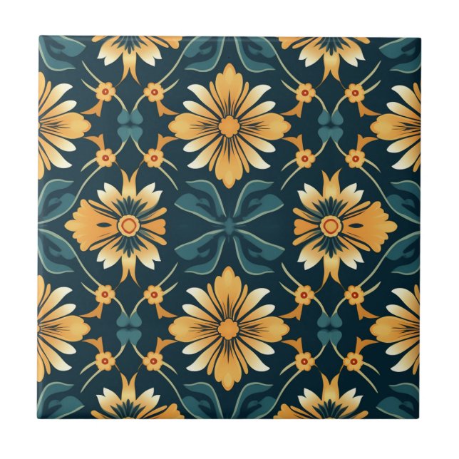 Art Nouveau Yellow Floral Pattern Ceramic Tile (Front)