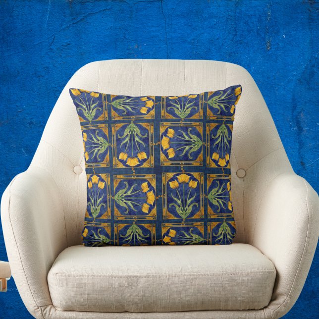 Art Nouveau Yellow Tulip n Royal Blue Tile Pattern Cushion (Creator Uploaded)