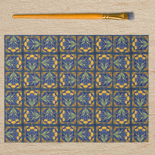 Art Nouveau Yellow Tulip n Royal Blue Tile Pattern Tissue Paper