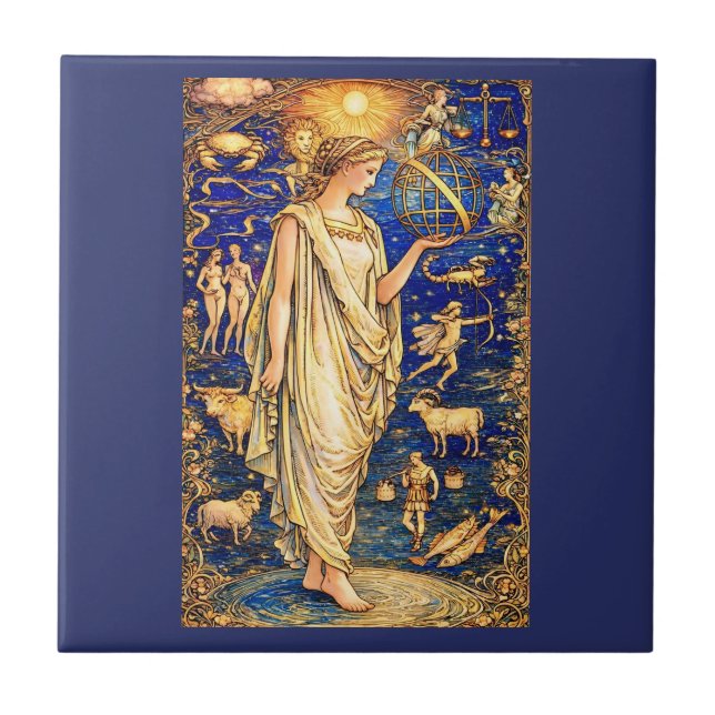 Art Nouveau Zodiac Goddess Celestial Illustration  Ceramic Tile (Front)