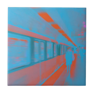 Art of Parisian woman at subway in blue orange Ceramic Tile