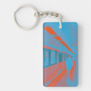 Art of Parisian woman at subway in blue orange Key Ring