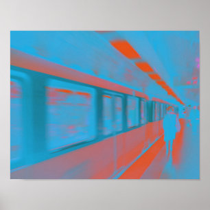Art of Parisian woman at subway in blue orange Poster