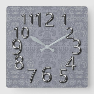 Art-Of-Time Gray Silver Damask Square Wall Clock