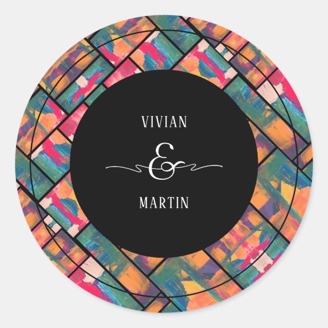 Art Paint Colourful Modern Abstract Wedding Classic Round Sticker (Front)