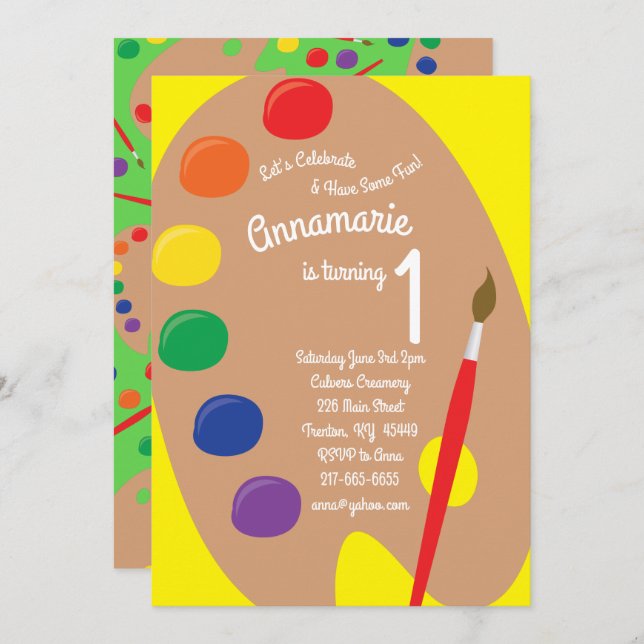 Art Paint Palette 1st Birthday Cute Invitations (Front/Back)