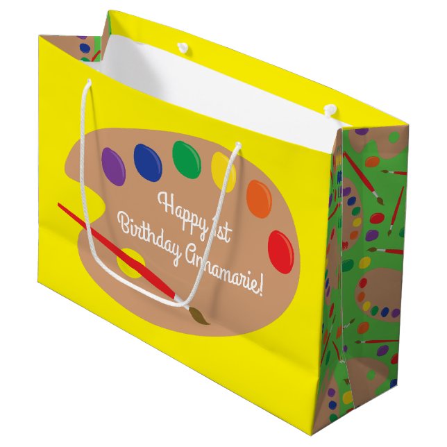 Art Paint Palette Cute 1st Birthday Party Large Gift Bag (Front Angled)
