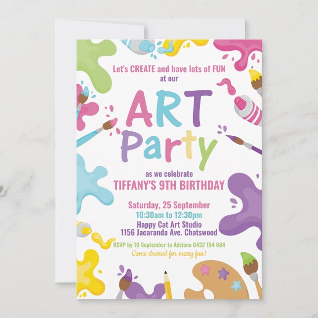Art Party Birthday Colorful Rainbow Paint Girl Invitation (Front)