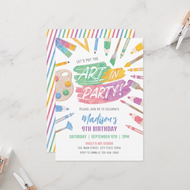 Art Party Birthday Invitation, Art Painting Party Invitation (Front/Back In Situ)