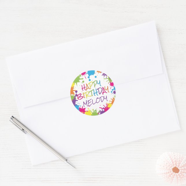 Art Party Colourful Paint Happy Birthday Classic Round Sticker (Envelope)