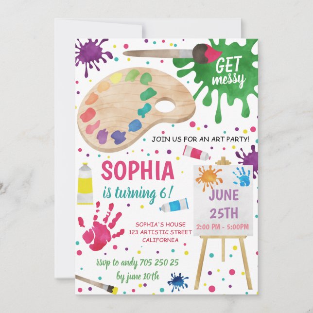 Art Party Messy Painting Girl Birthday Invitation (Front)