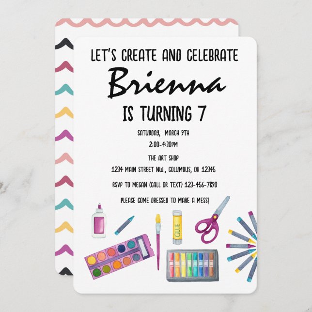 Art Party Painting Craft Party for girls  Invitation (Front/Back)