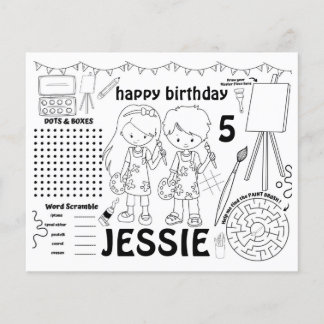 Art party placemats, art activity & colouring shee