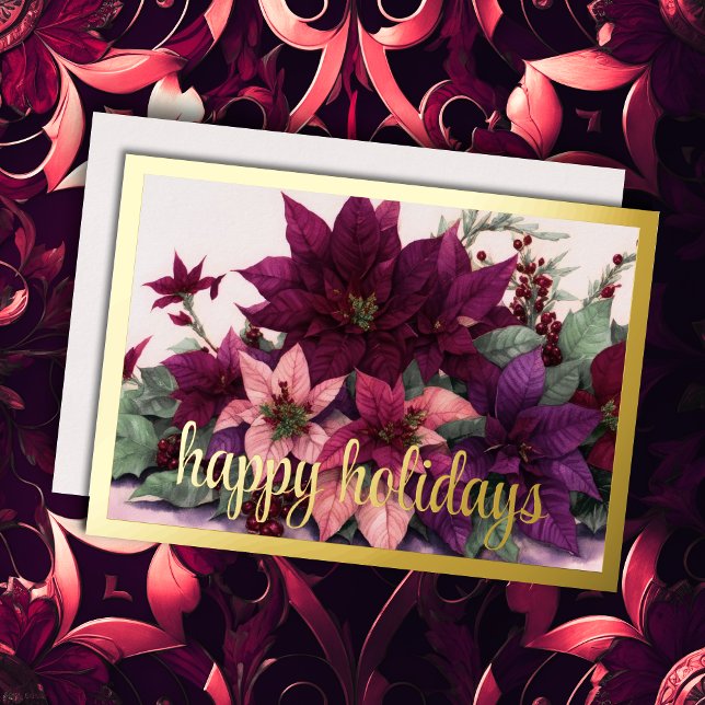 Art Poinsettia Arrangement Burgundy Purple Peach Foil Holiday Card (Creator Uploaded)