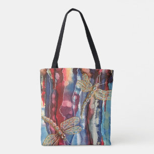 Art print, dragonflies, tote shopping bag.