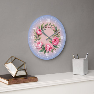 Art Print Watercolor Peonies Wreath Large Clock
