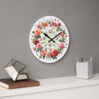 Art Print Watercolor Roses Wreath Large Clock