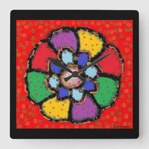 Art red petals abstract flower design mixed colour square wall clock