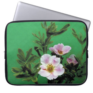 Art style wild pink rose flowers in green laptop sleeve