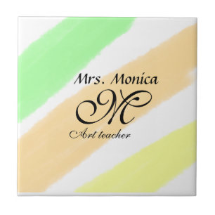 Art teacher yellow green watercolor stripes name ceramic tile