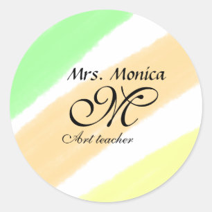 Art teacher yellow green watercolor stripes name classic round sticker