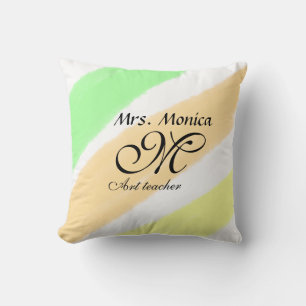 Art teacher yellow green watercolor stripes name cushion