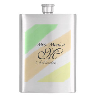 Art teacher yellow green watercolor stripes name hip flask