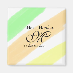 Art teacher yellow green watercolor stripes name magnet
