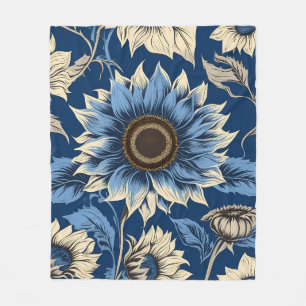 Art vintage blue sunflower pattern fleece blanket