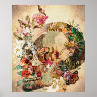 Art Vintage Sugar Skull Flowers