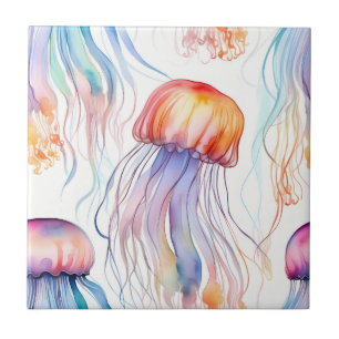 Art watercolor jellyfish abstract colourful ceramic tile