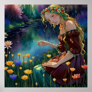 *~  Art Woman Sitting Pick Flower Pond AP56  Poster
