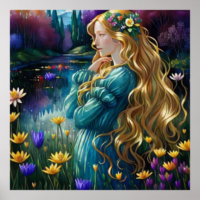 *~  Art Woman Waterfall Pond Wild Flowers AP56  Poster (Front)