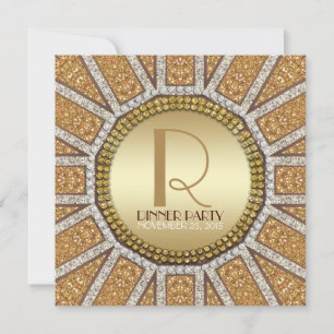 ArtDeco Sun Golden Glitter Dinner Party Invitation