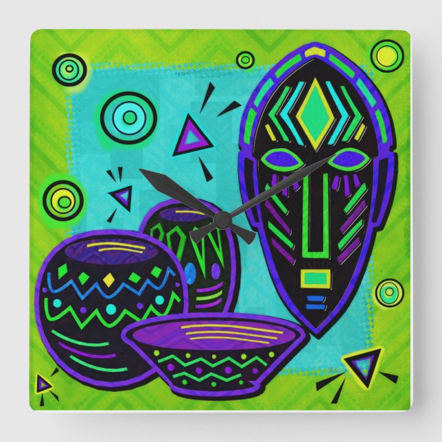 Artefact African Pop Art Square Wall Clock (Front)
