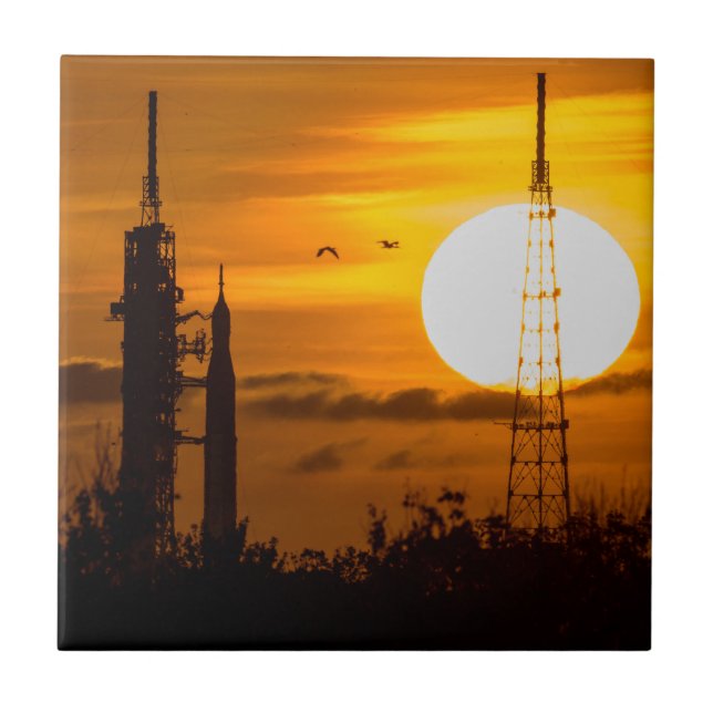 Artemis Moon Rocket at Dawn Ceramic Tile (Front)